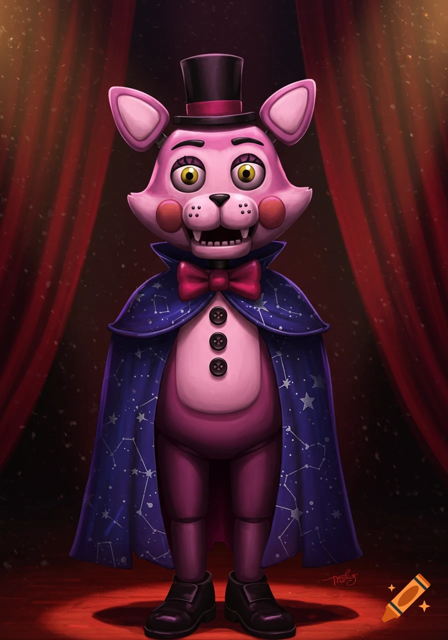 A pink cat animatronic wearing a top hat, bow tie, starry magician's cape, and black shoes, standing on a stage with red curtains.