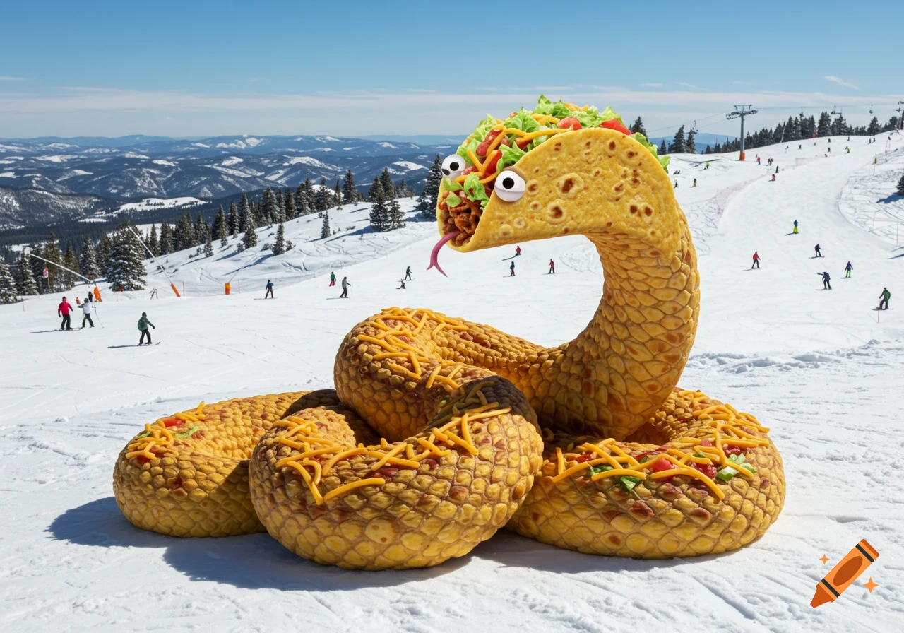 A whimsical snake made of tacos and cheese, with a taco head and googly eyes, coiled on a snowy ski slope with skiers and mountains.