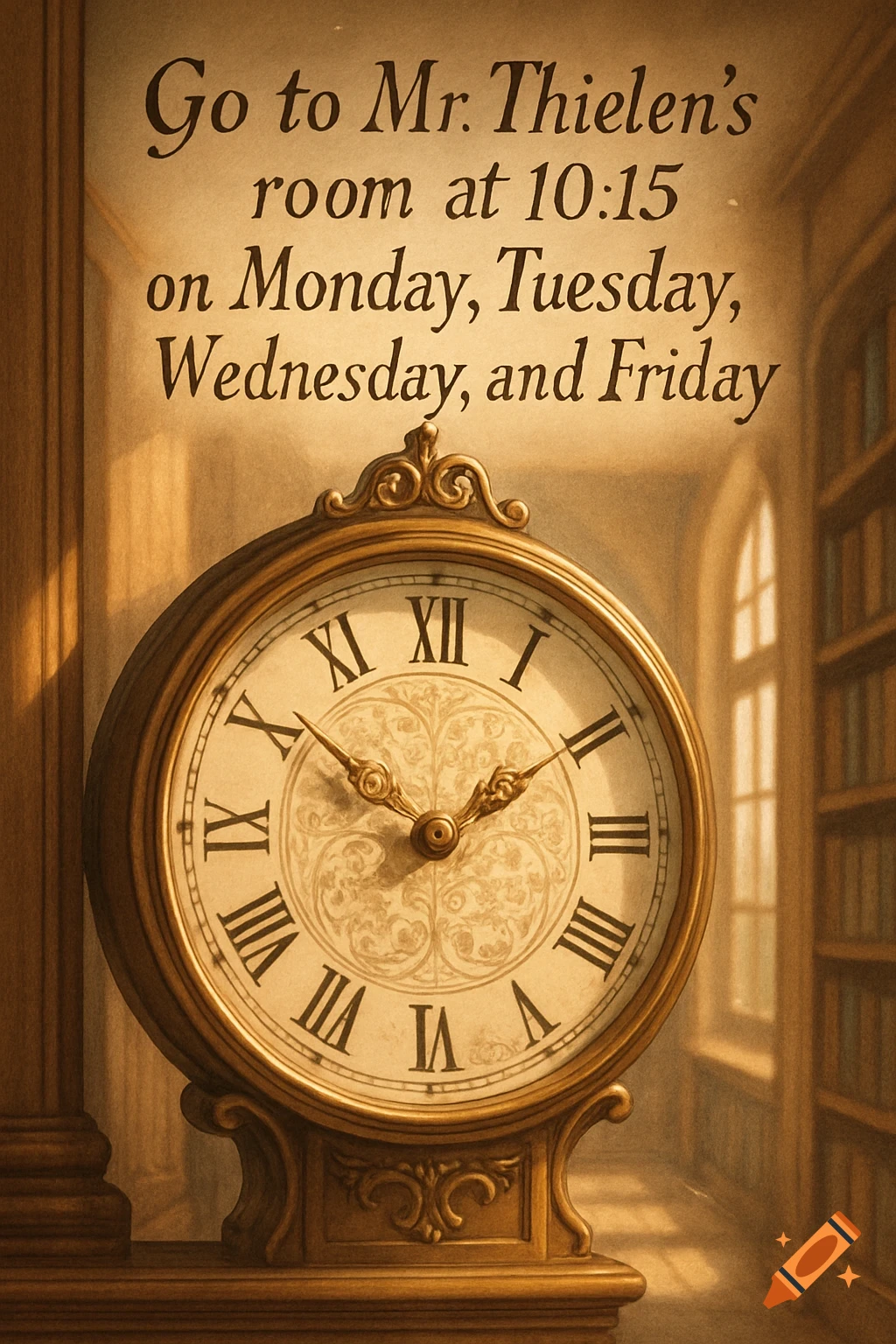 A vintage clock with Roman numerals shows 10:15, with instructions printed above it in a sunlit room with bookshelves.