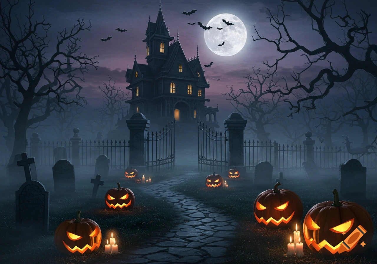 A spooky haunted house at night with glowing windows, surrounded by a graveyard, bats, full moon, and lit jack-o'-lanterns along a stone path.