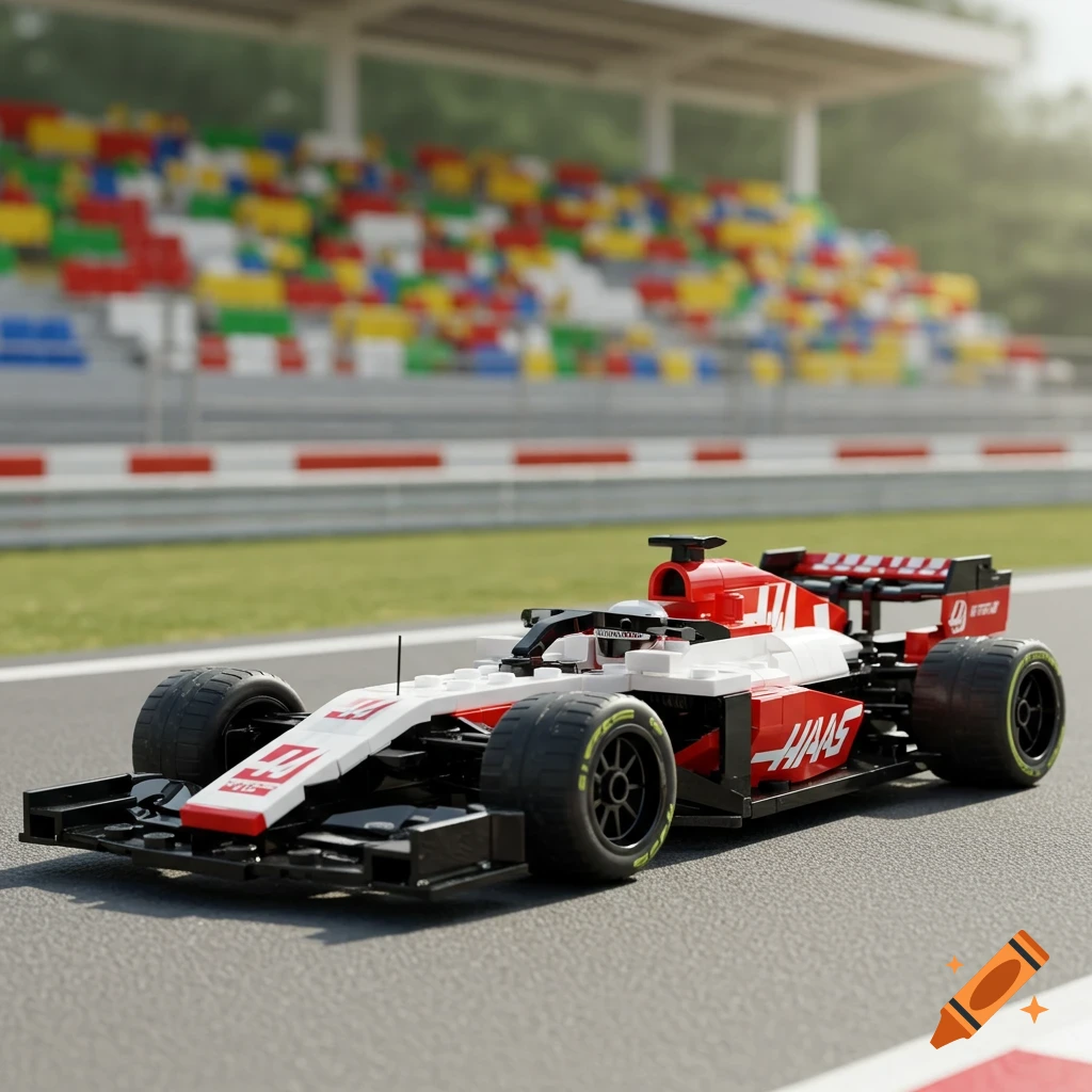 A detailed Lego model of a red and white Haas Formula 1 car on a race track, with colorful stadium seating in the background.