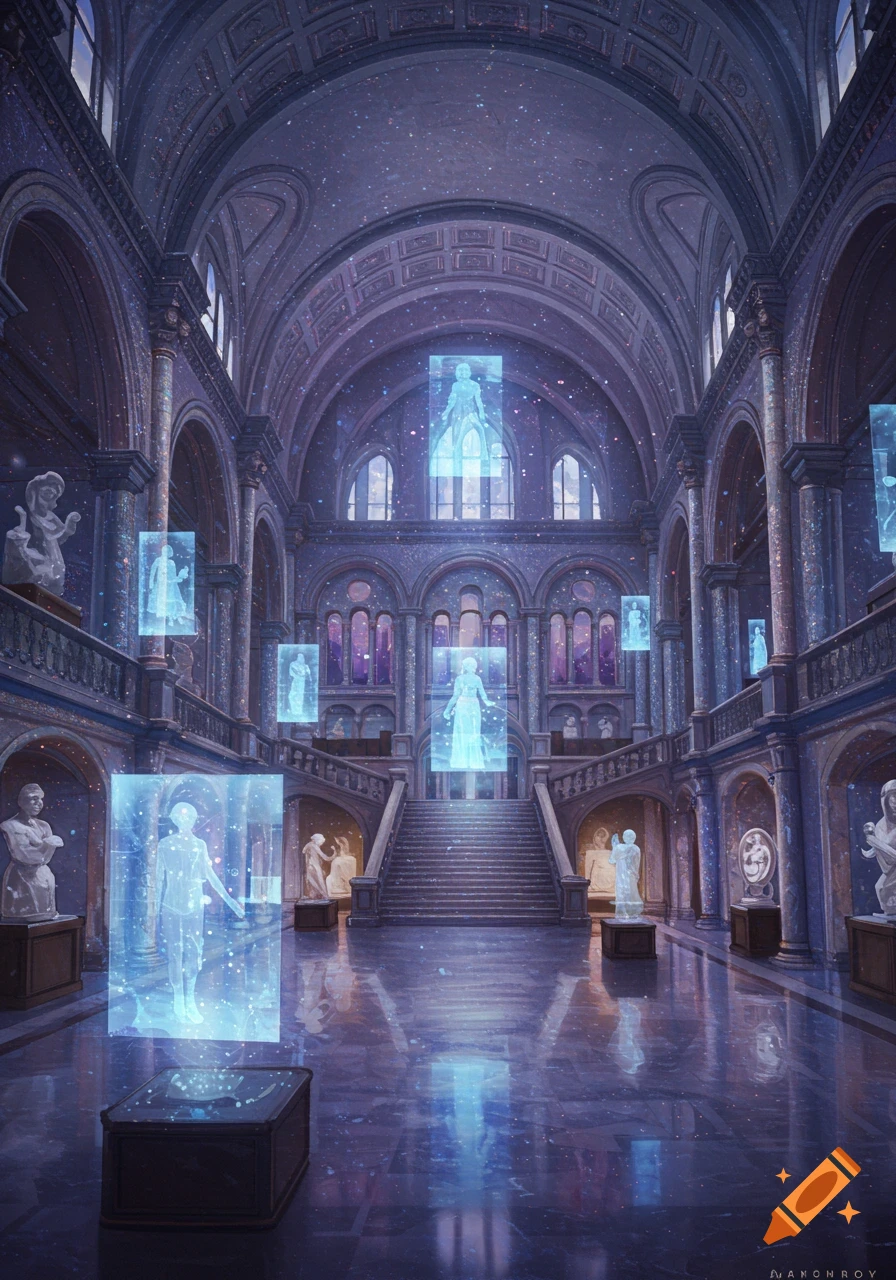 A vast, ornate museum hall with glowing blue holographic figures, grand ...