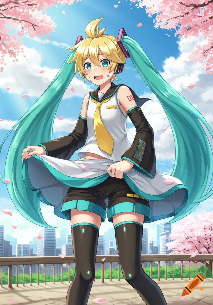Anime character with blonde hair and long teal pigtails holding down a skirt under cherry blossoms with a city view.