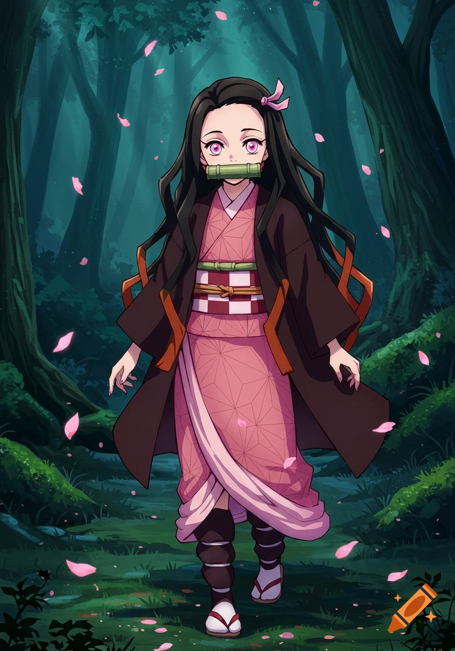 An anime girl, Nezuko from Demon Slayer, stands in a dark forest with falling pink petals. She wears a pink kimono and bamboo muzzle.