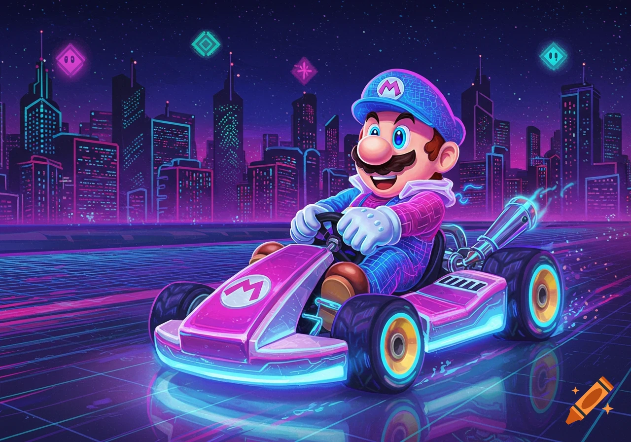 Super Mario drives a neon pink kart on a futuristic track with glowing cityscape and synthwave aesthetics at night.