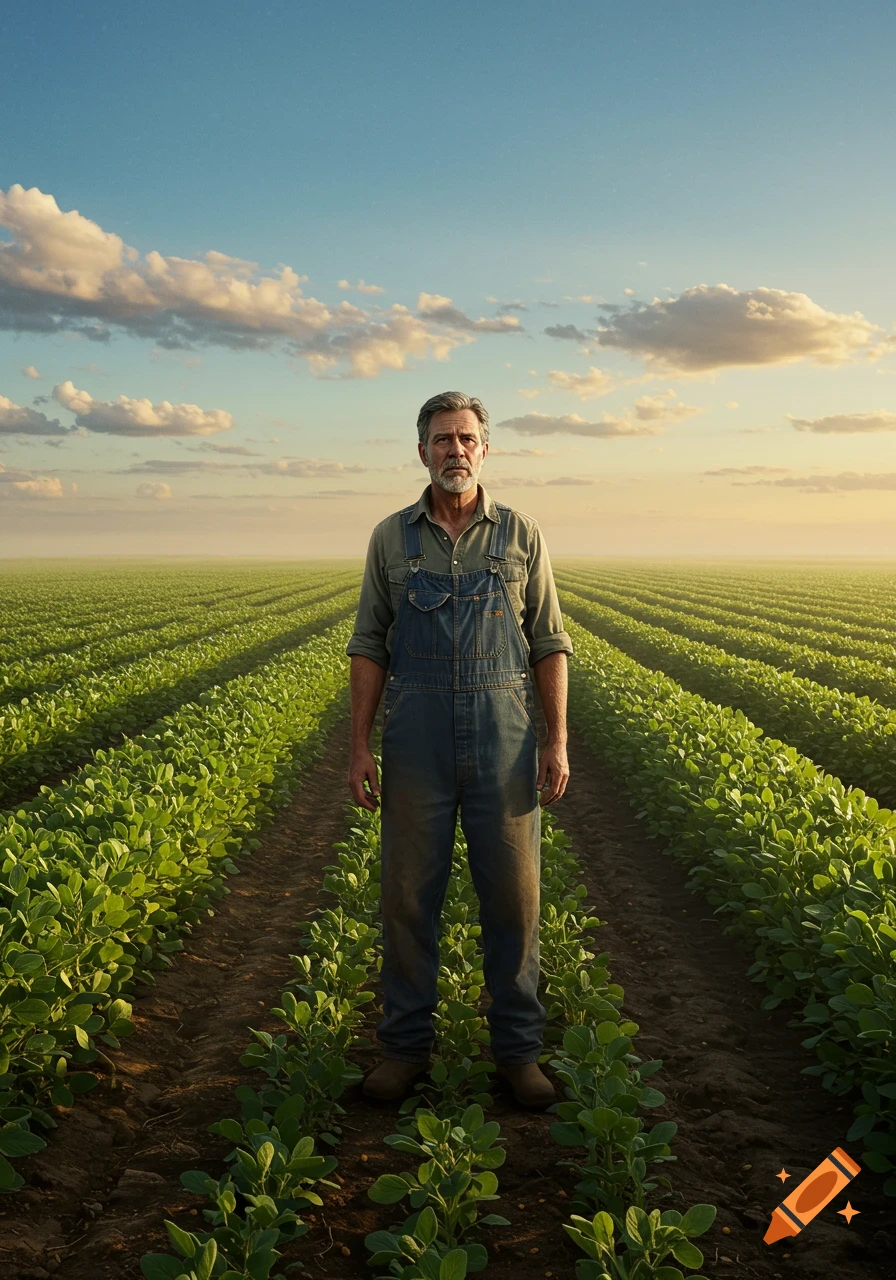 A photorealistic image of a man in overalls standing in a vast field of green crops under a dramatic sky.