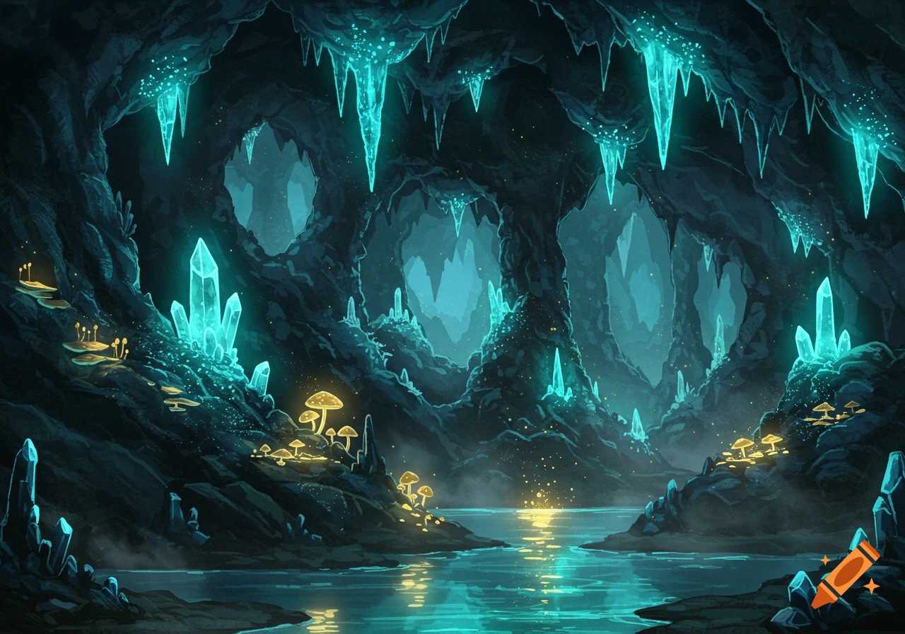 Magical cave with glowing blue crystals, luminous yellow mushrooms, and a reflective river, in a fantasy art style.
