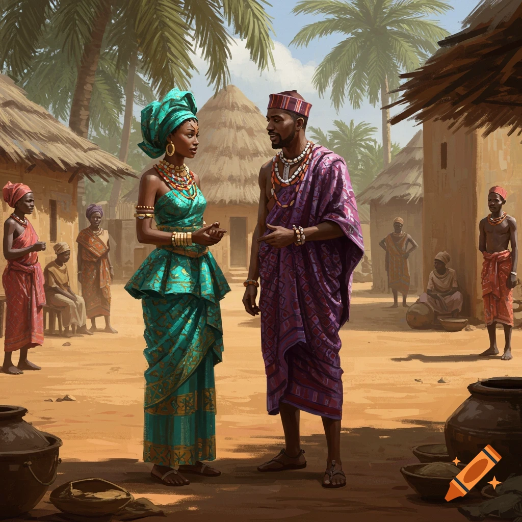 A man and a woman in colorful traditional African clothing talk in a village courtyard with huts and palm trees, surrounded by other villagers.