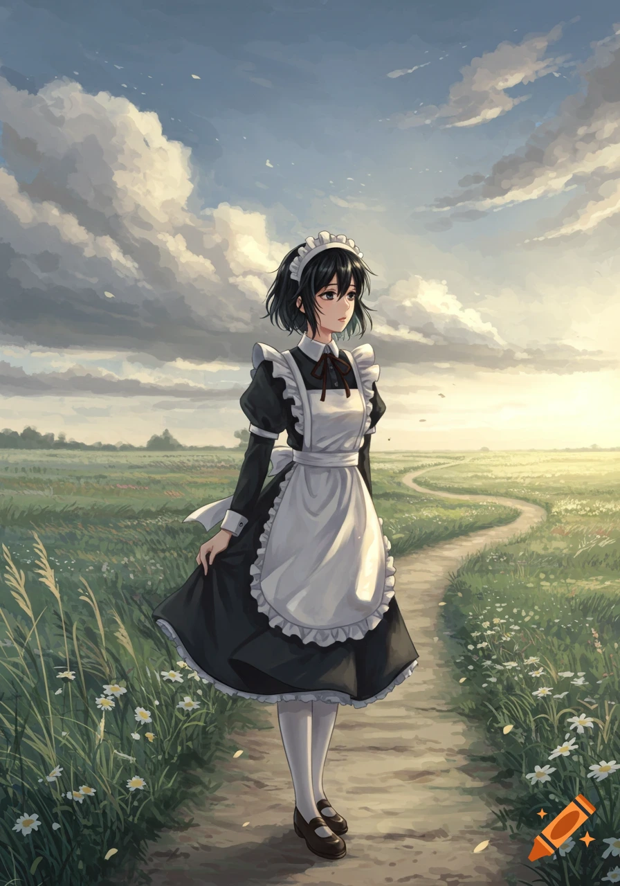 Anime-style young woman in a maid's uniform walking on a winding path through a sunny, green field with white flowers.
