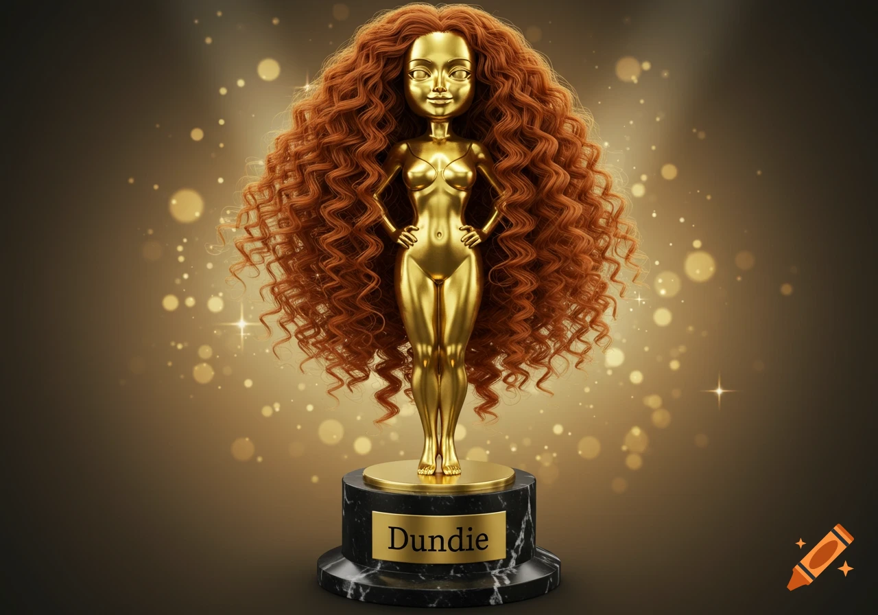 A golden stylized woman trophy with voluminous curly red hair, 'Dundie' on a plaque, shimmering gold background.
