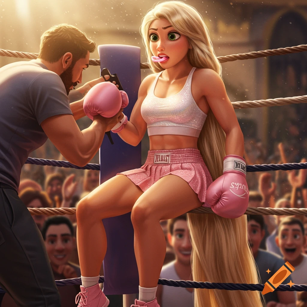 Blonde animated female boxer Rapunzel in pink gloves and skirt sits in a boxing ring corner, while a coach adjusts her gear, with a crowd in the background.