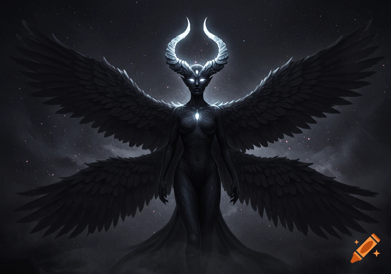A dark, ethereal female figure with large black wings and glowing white horns and eyes stands against a starry night sky.