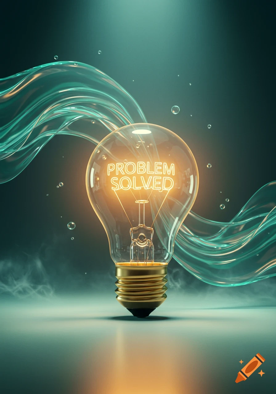 A glowing lightbulb with the words 'PROBLEM SOLVED' inside, surrounded by teal wavy ribbons and bubbles on a gradient background.