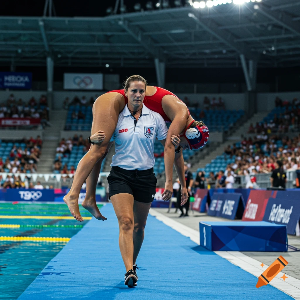 A water polo referee in a white shirt carries a player in a red swimsuit over her shoulders on a blue mat next to a swimming pool in a stadium.