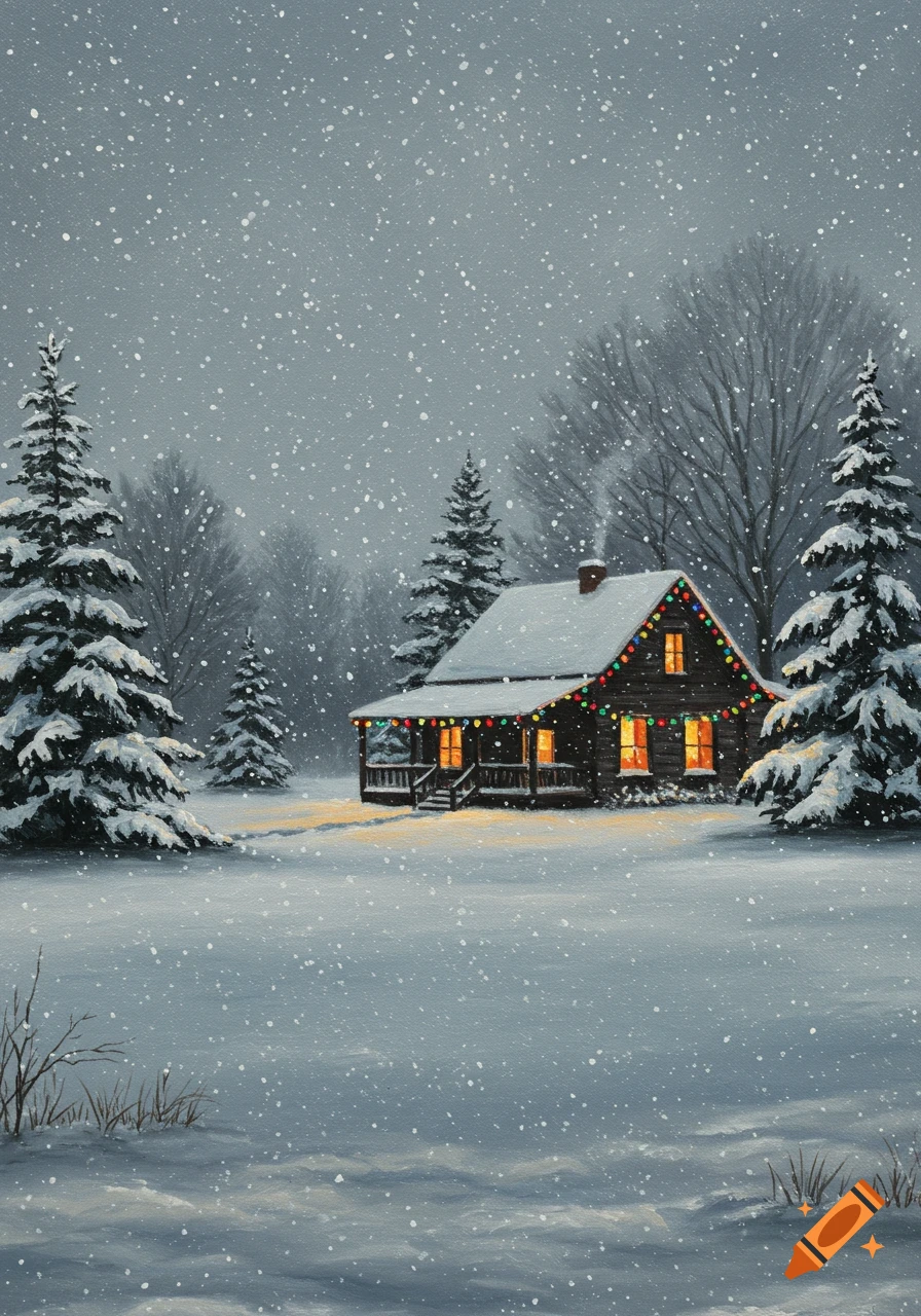 Oil painting of a snowy winter landscape with a cabin illuminated by Christmas lights and falling snow.