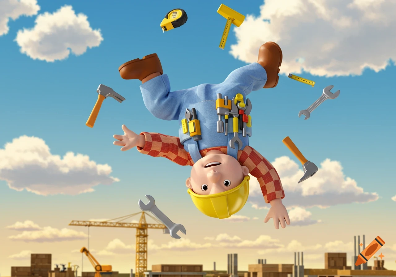 Bob the Builder performs a backflip against a blue sky, surrounded by floating construction tools, above a busy site in a 3D animated style.