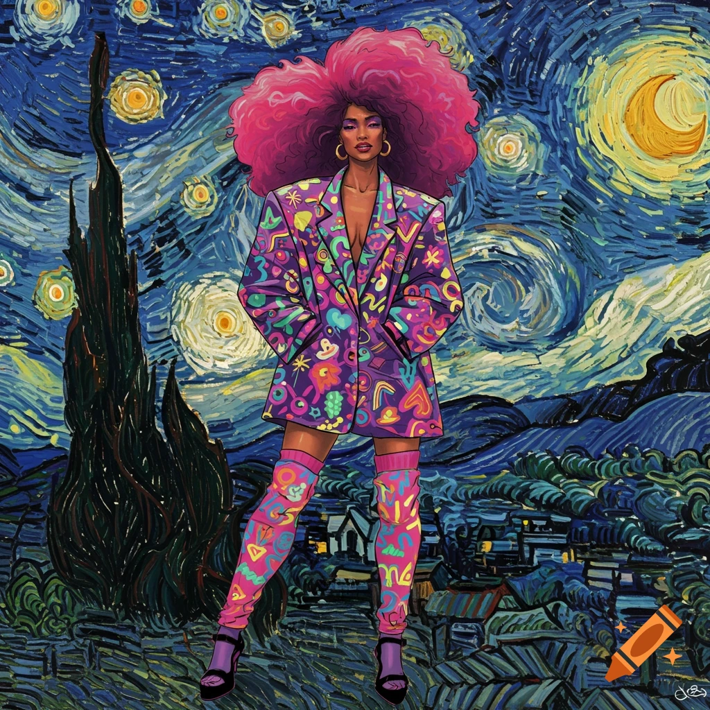 A woman with bright pink afro hair, dressed in a colorful 80s patterned blazer and thigh-high boots, against a Van Gogh Starry Night background.