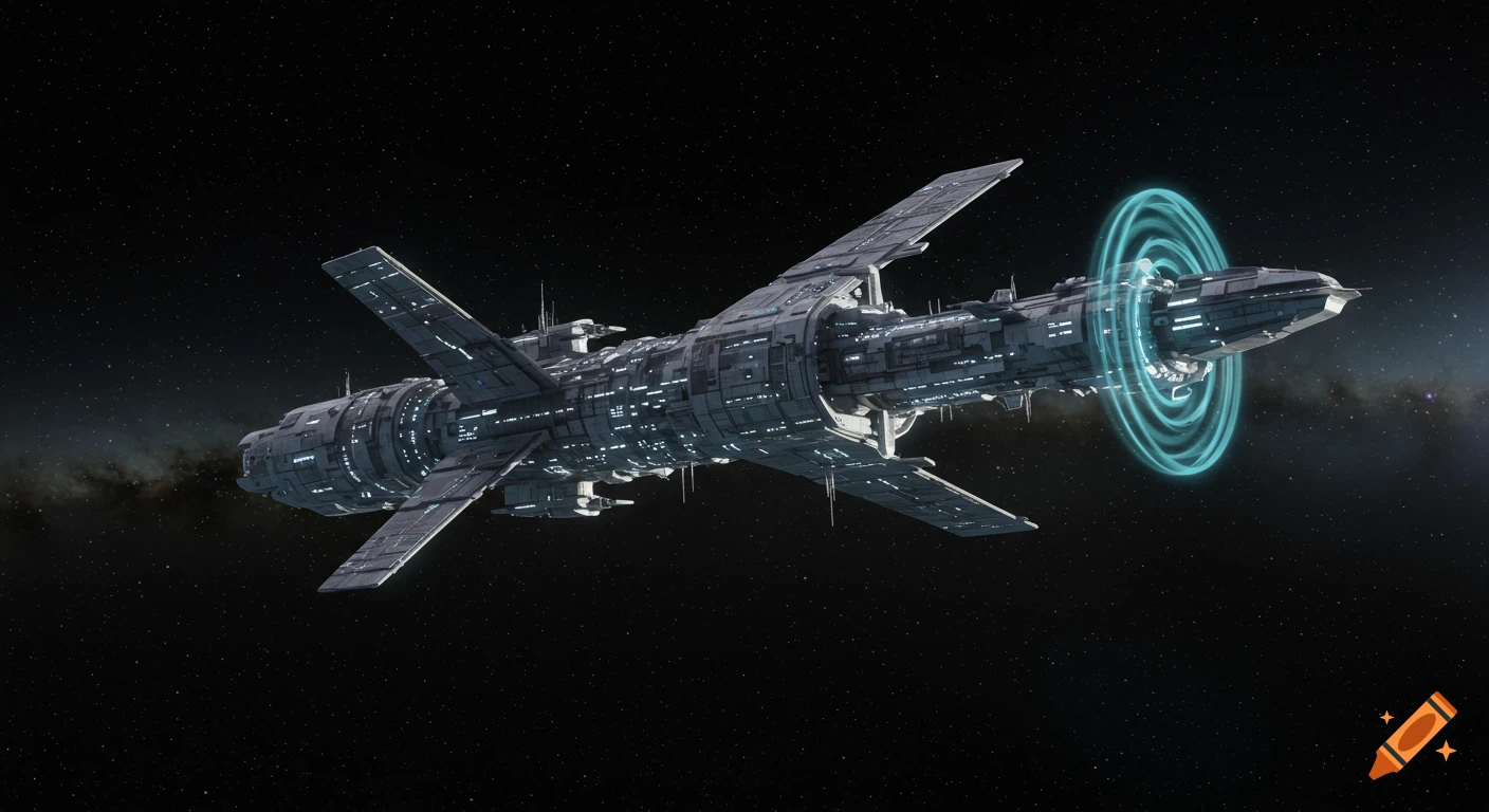 A detailed futuristic space mothership with large fins, emitting blue energy from its front, flying through deep space with stars and a nebula.