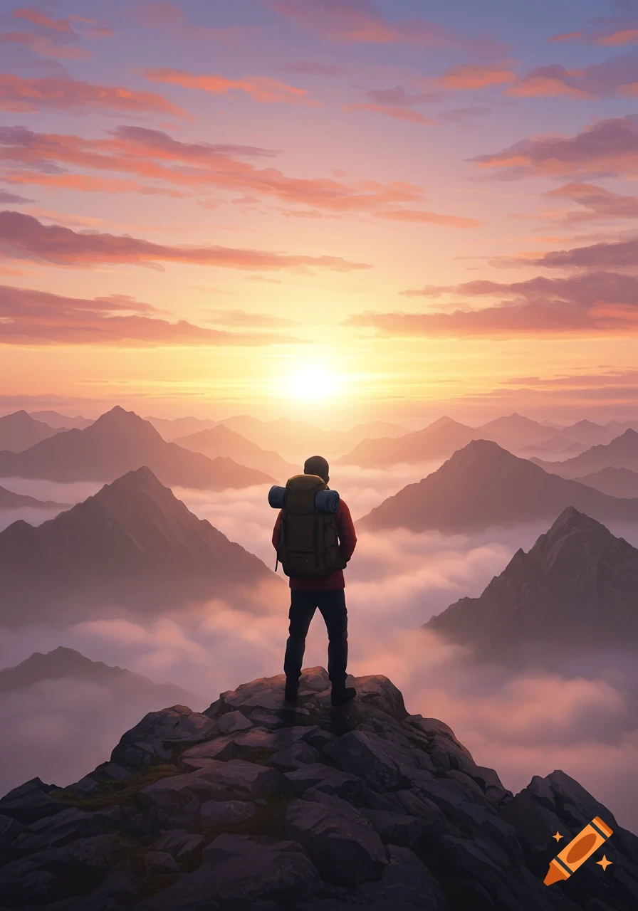 A hiker with a backpack stands on a rocky mountain peak, gazing at a sunrise over misty mountains, photorealistic.