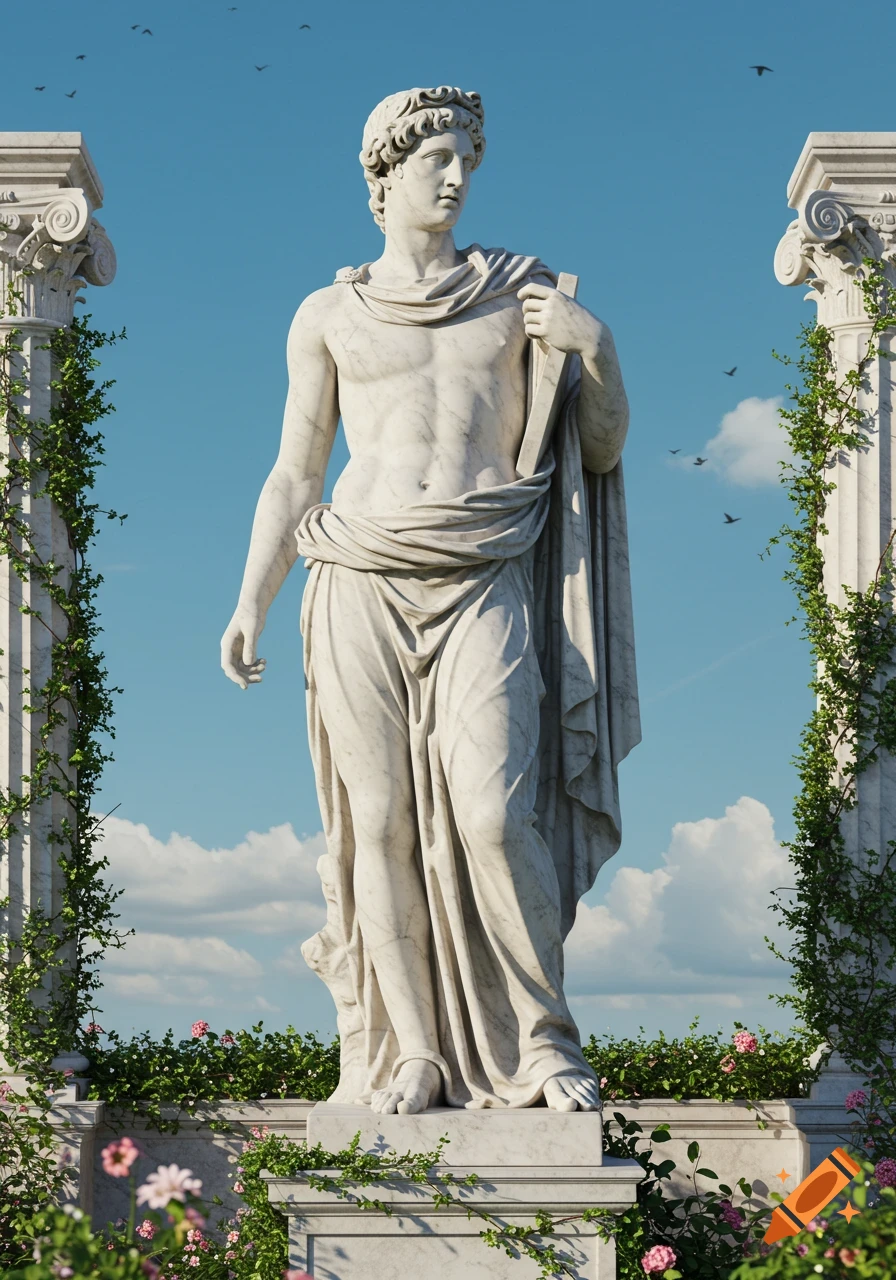 A white marble classical statue of a man with a draped cloth, standing between two ivy-covered columns under a blue sky.