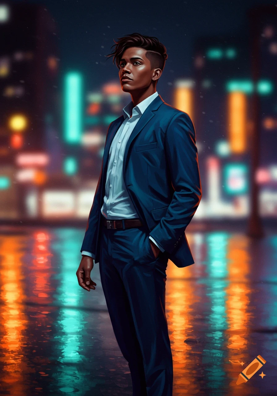 A stylish man in a blue suit stands on a wet city street at night ...