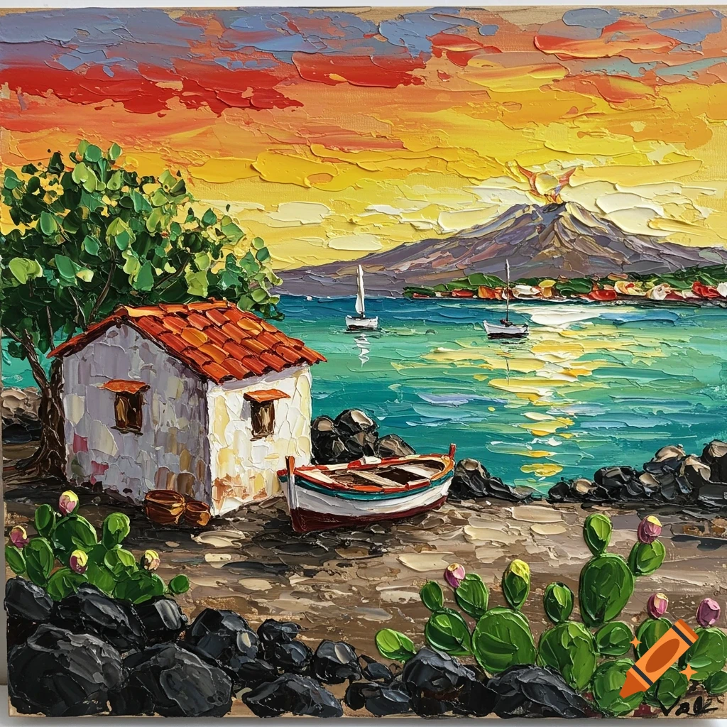 Vibrant impasto painting of a Mediterranean coastal scene with a white house, boat, cacti, and a smoking volcano at sunset.