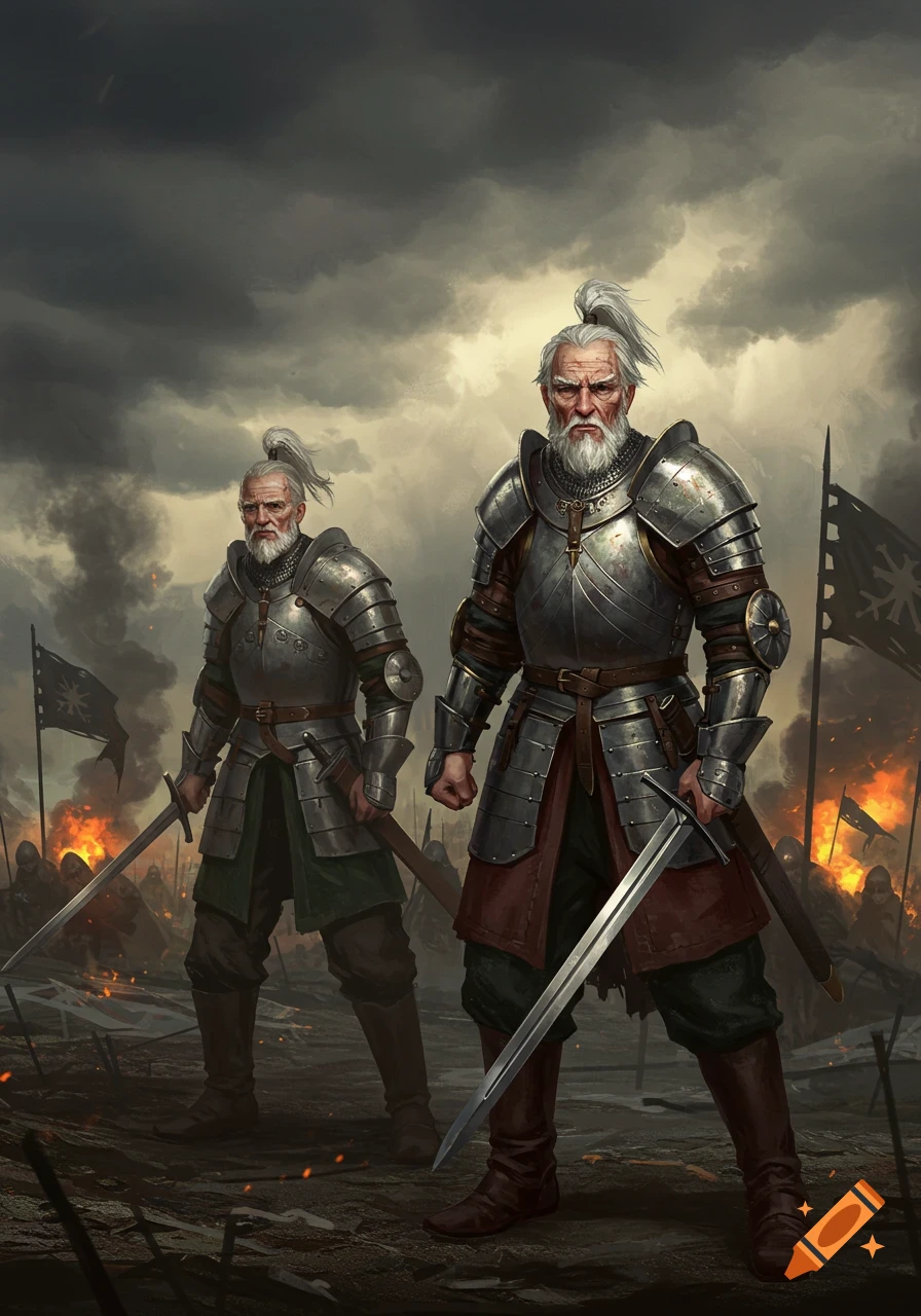 Two old warriors in plate armor with swords stand on a smoky battlefield with fires under a stormy sky, in a fantasy art style.