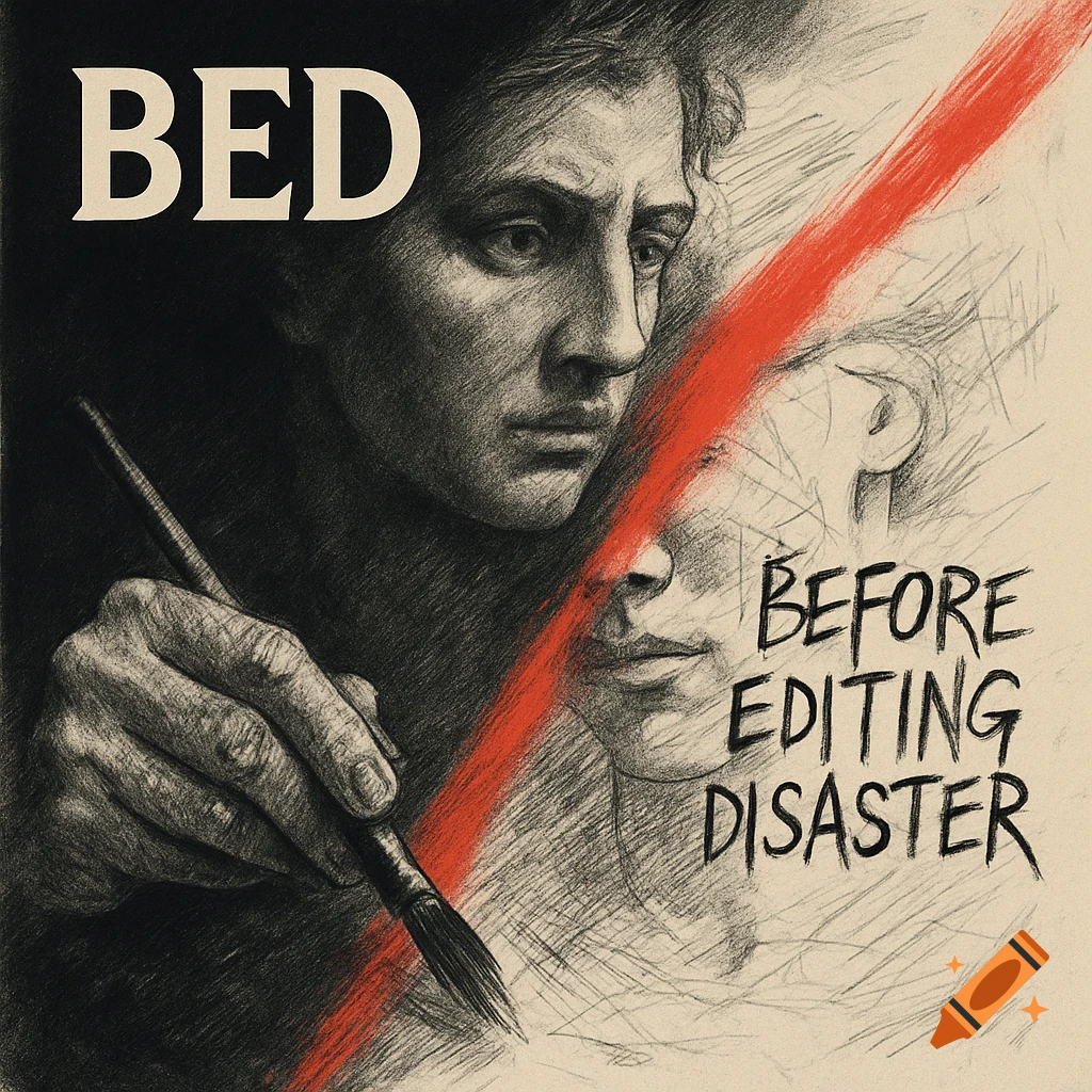 Sepia drawing of a man holding a paintbrush next to an unfinished sketch, separated by a red line. Text reads 'BED' and 'BEFORE EDITING DISASTER'.