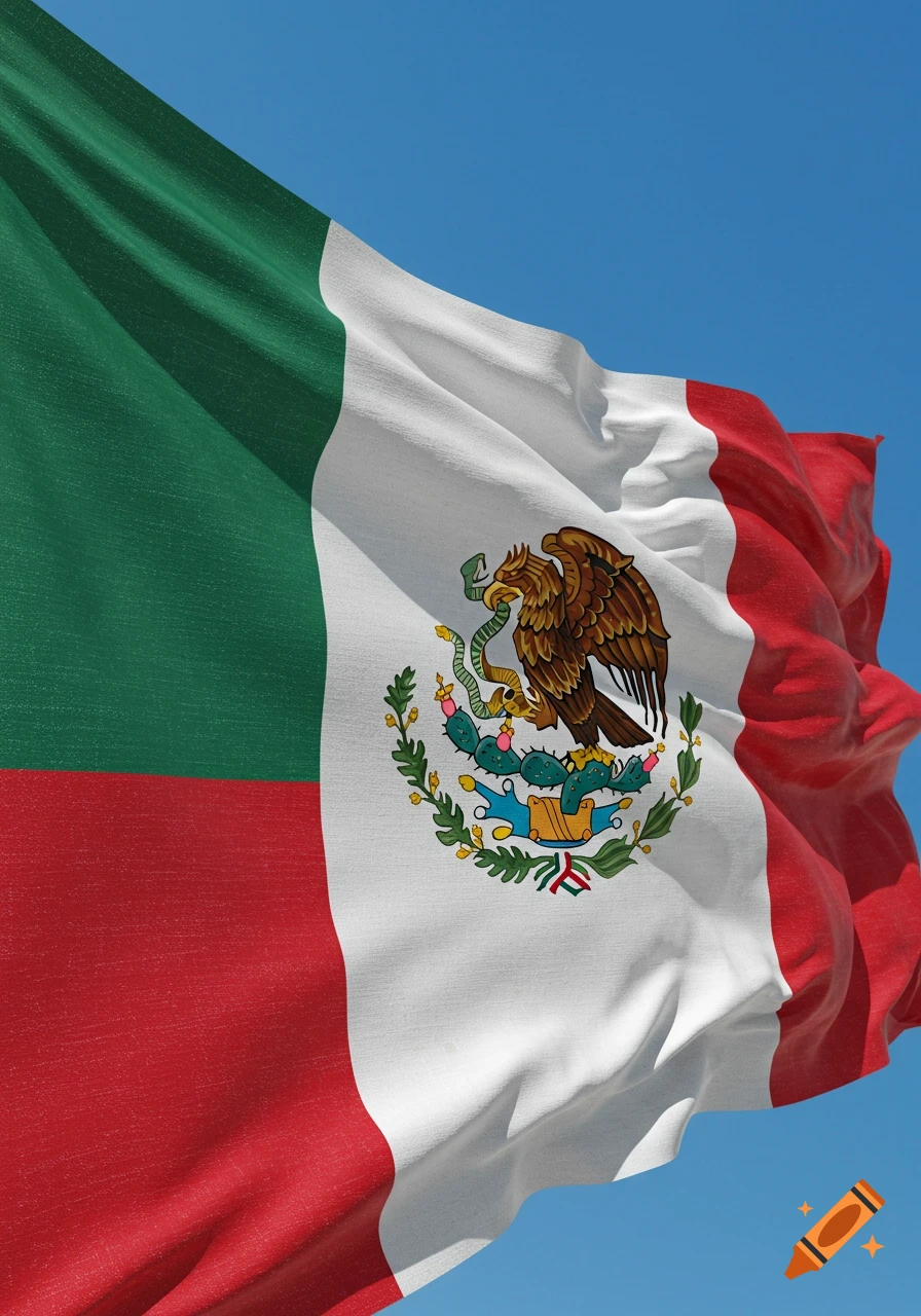A vibrant Mexican flag with its green, white, and red vertical stripes and central eagle emblem, waves against a clear blue sky.