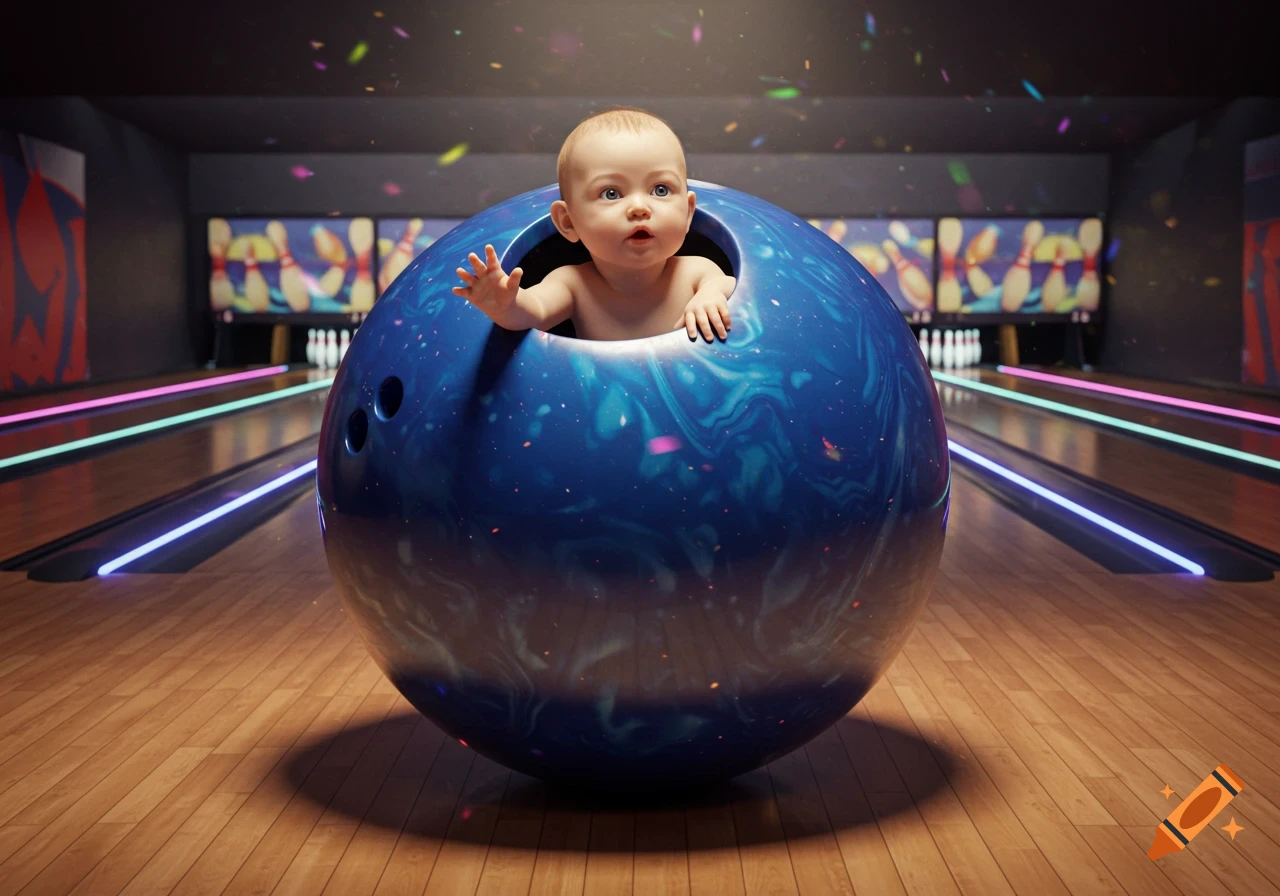 A photorealistic image of a baby peeking out of a large blue bowling ball on a wooden bowling lane in an alley.