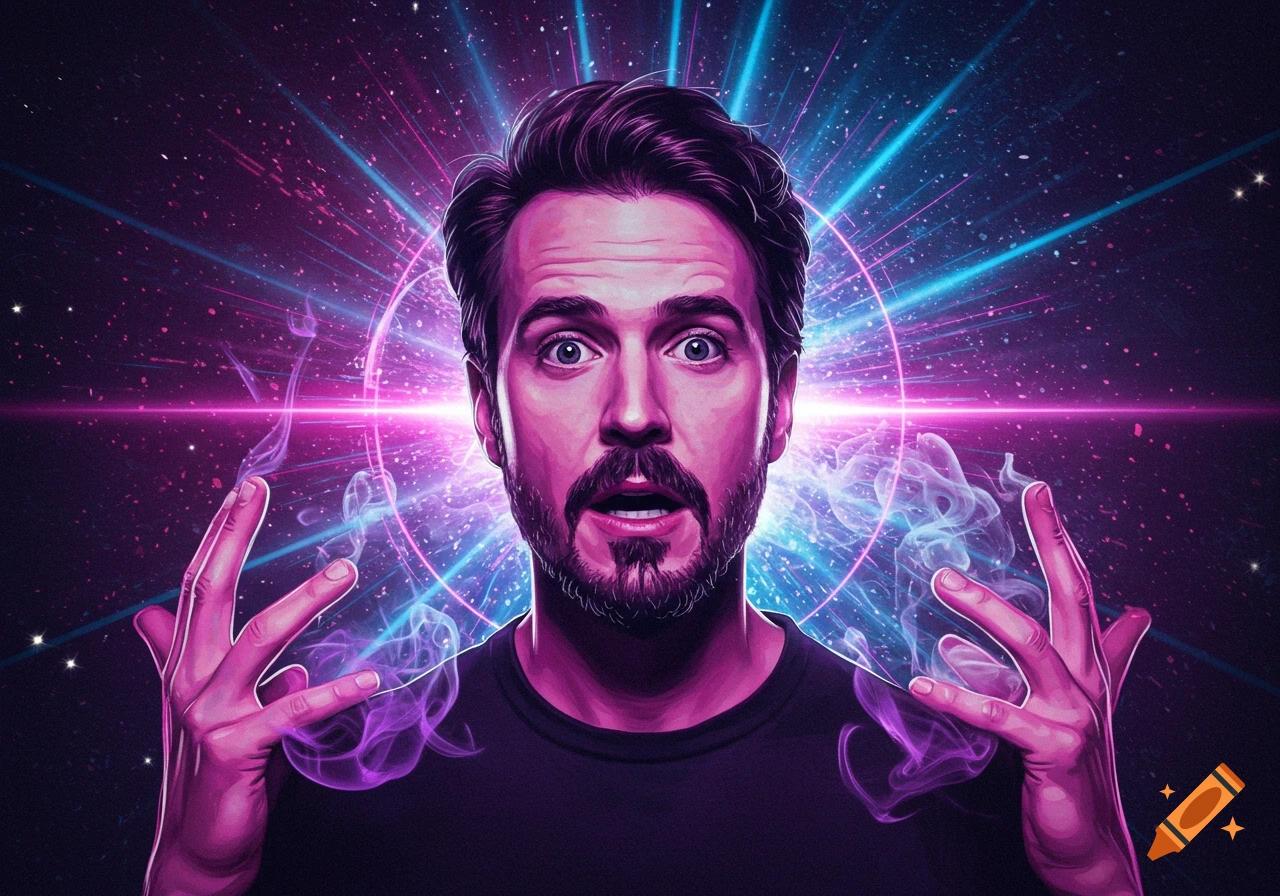 A man with wide eyes and a beard, hands raised, surrounded by vibrant pink and blue psychedelic cosmic energy.