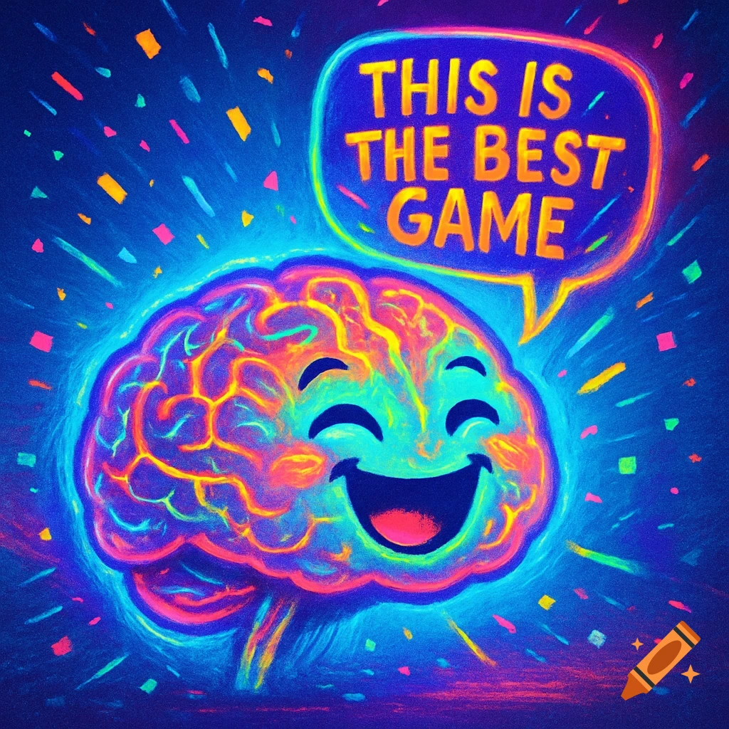 A neon-colored, happy cartoon brain in a speech bubble says 'THIS IS THE BEST GAME' against a dark blue background with confetti.