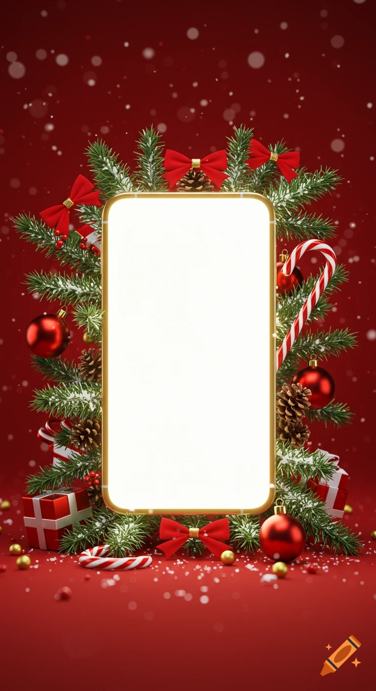 A festive Christmas composition with a gold-framed blank screen surrounded by snowy pine branches, red bows, ornaments, candy canes, and gifts on a red background.