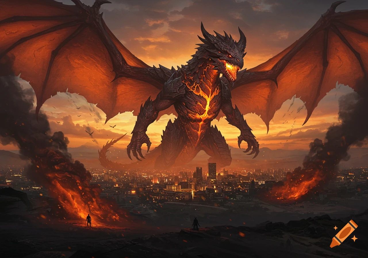 A colossal, dark dragon with glowing magma on its chest and massive fiery wings looms over a burning city under a dramatic orange sky.