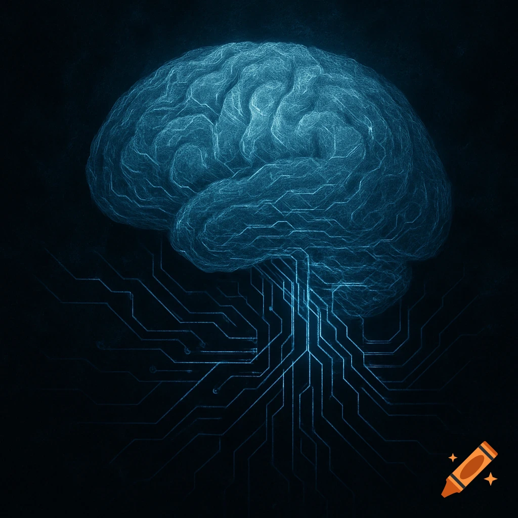 A glowing blue human brain with intricate circuit board lines extending from its base on a dark background.