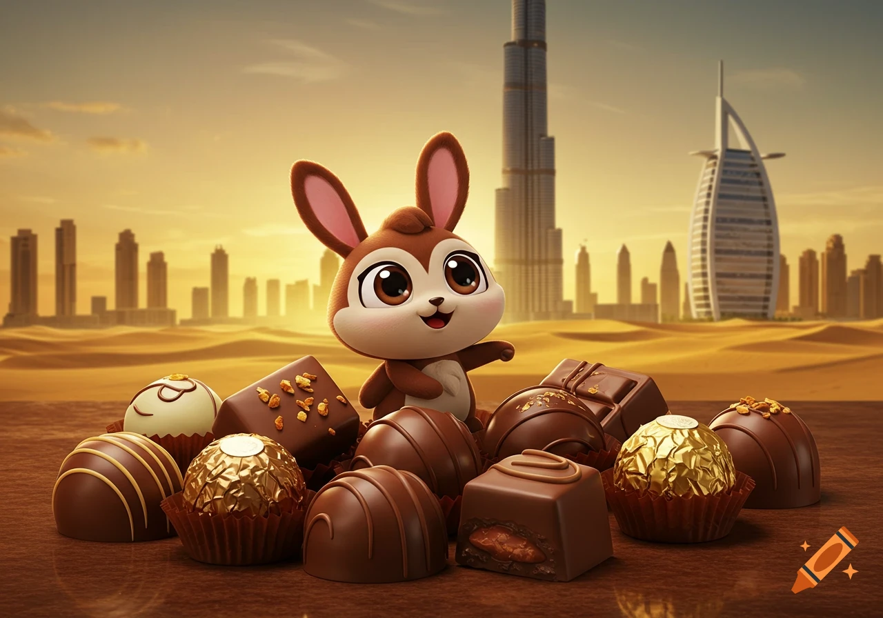 A cute brown cartoon bunny sits among various chocolates with the Dubai skyline at sunset in the background.