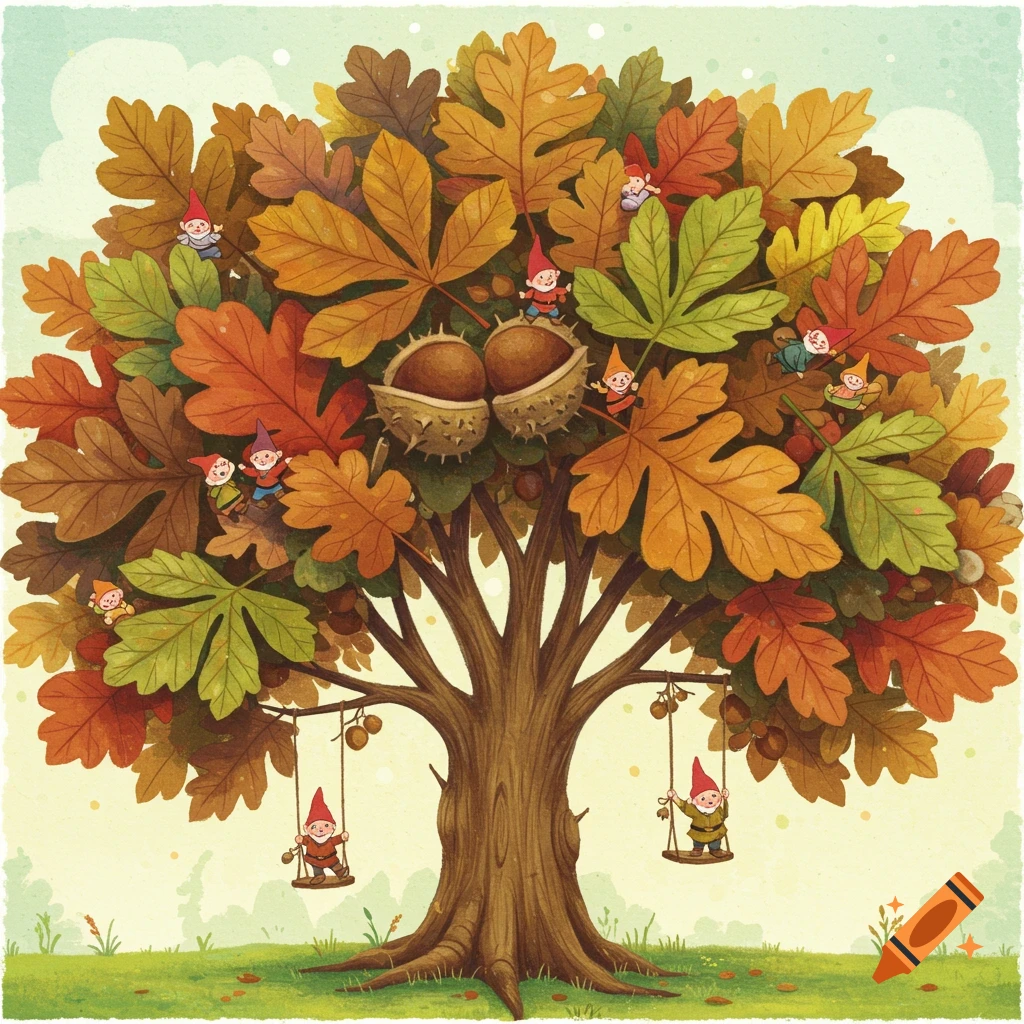 A whimsical autumn tree with colorful leaves and small gnomes playing and swinging in a storybook illustration style.