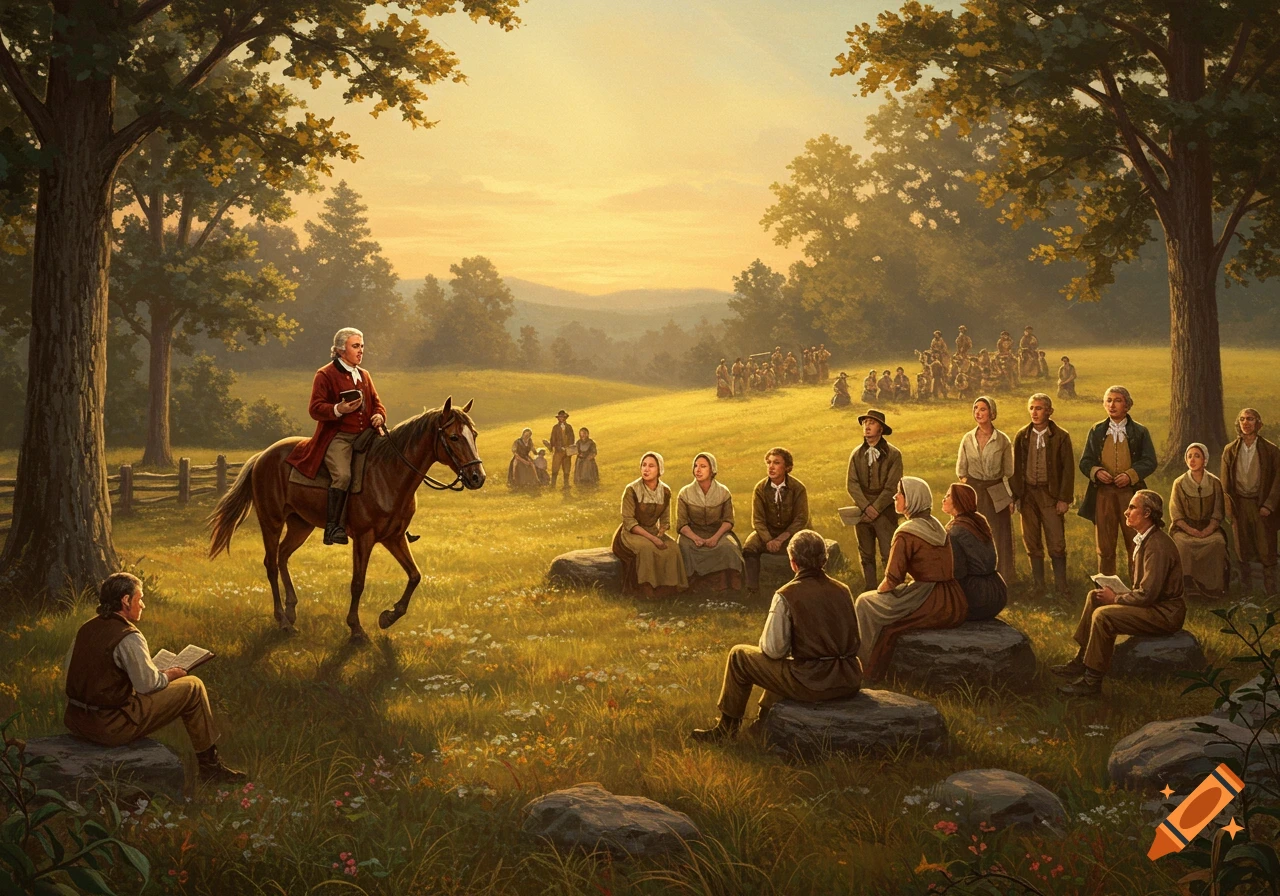 A historical painting depicts a man on horseback preaching to frontier settlers gathered in a golden field under a hazy sky.