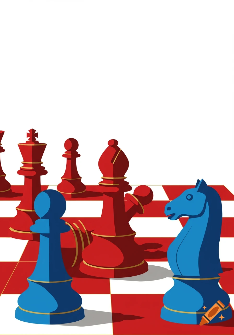 A minimalistic vector art painting of red and blue chess pieces on a red and white board.