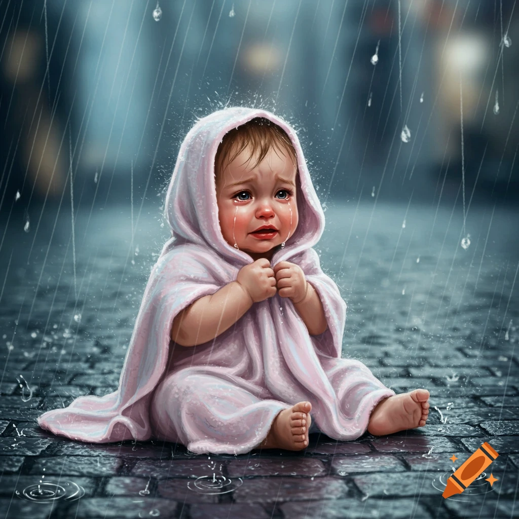 A crying baby wrapped in a pink blanket sits on wet cobblestones as rain falls, in a realistic digital painting style.