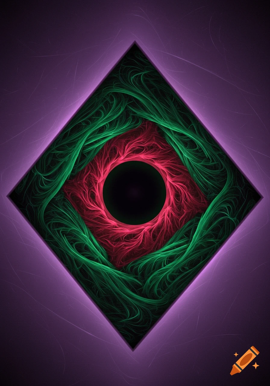 An abstract purple, green, and red layered rhombus shape with a central black circle, featuring organic, fiery textures.