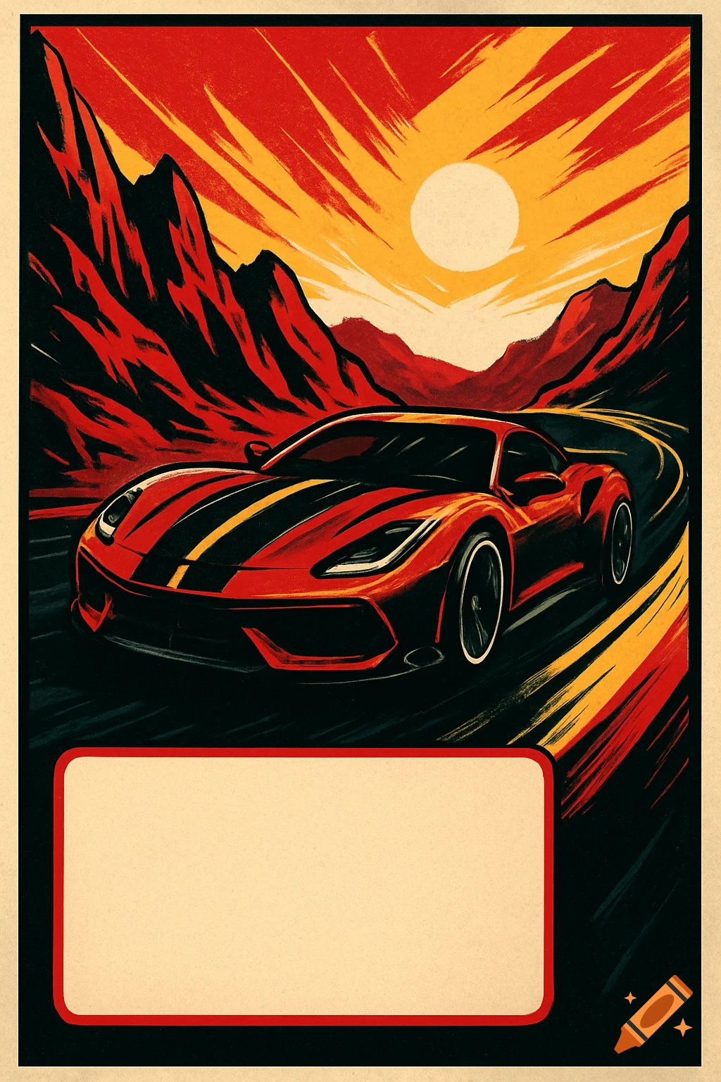 A red sports car with yellow and black stripes drives on a winding mountain road under a fiery red and orange sky, in a poster art style, with a blank frame.