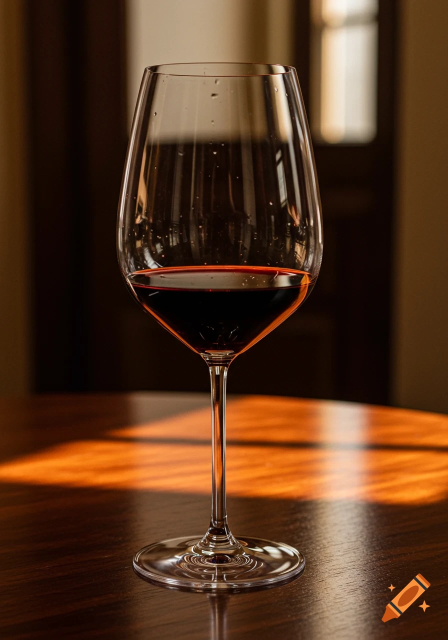 A photorealistic close-up of a red wine glass with red wine on a wooden table, illuminated by warm, dappled sunlight.