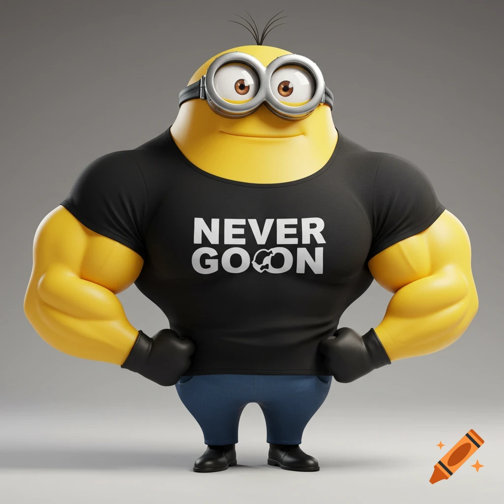 A muscular Minion character wearing a black t-shirt that says "NEVER GOON", blue pants, and black gloves, rendered in 3D.