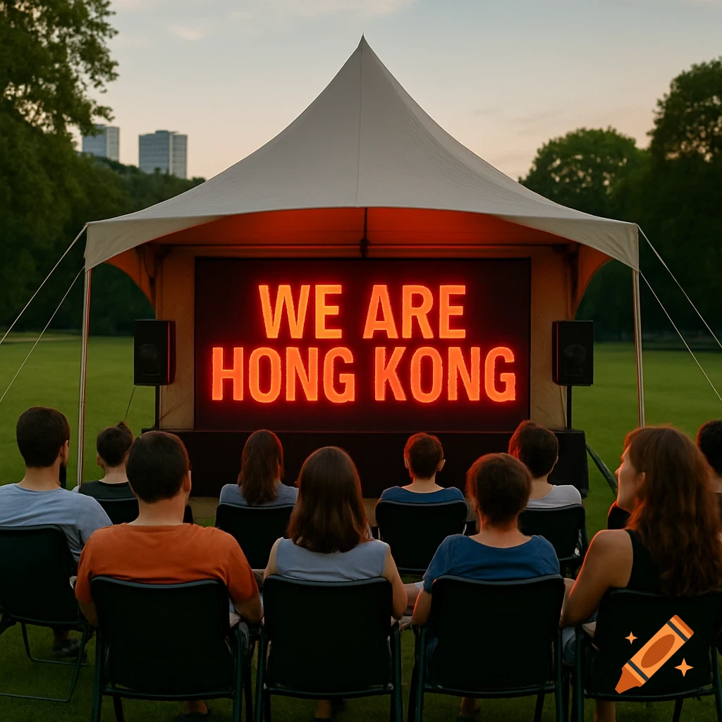 People sit with their backs to the camera, watching a large outdoor screen under a tent that displays 'WE ARE HONG KONG' in red letters.