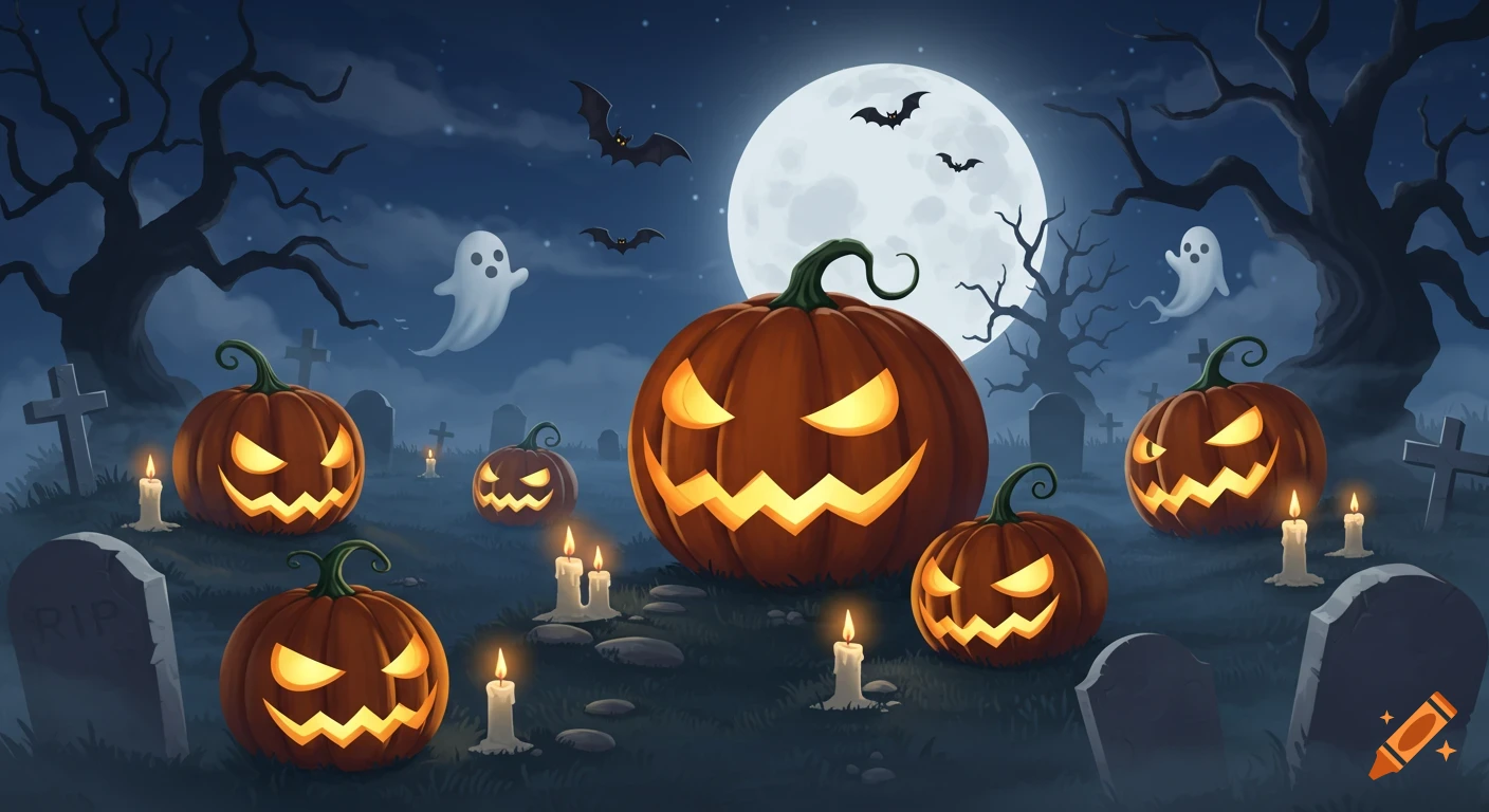 Spooky Halloween illustration of carved jack-o'-lanterns, ghosts, and bats in a cemetery under a full moon.