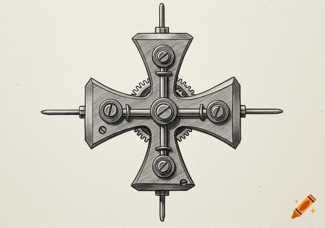 A black and white hand-drawn sketch of a metal cross-shaped mechanism with gears, screws, and rods.