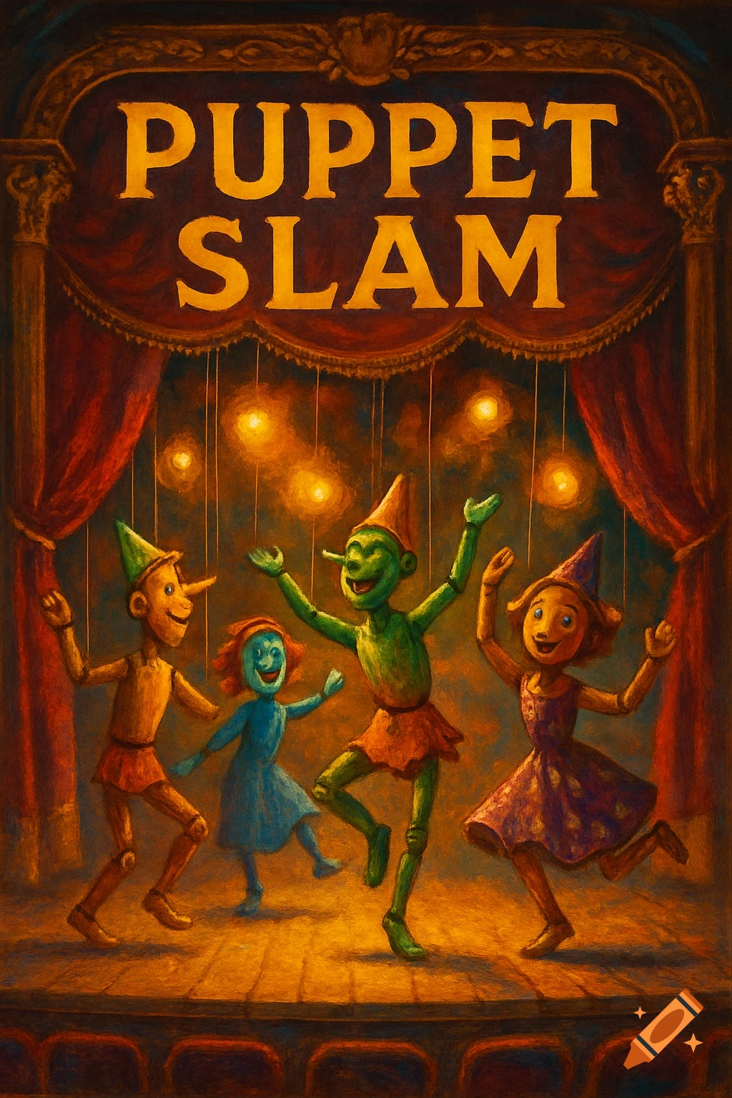 A textured, painterly flyer for 'PUPPET SLAM' show, featuring four colorful marionettes dancing on a stage with red curtains and warm lights.