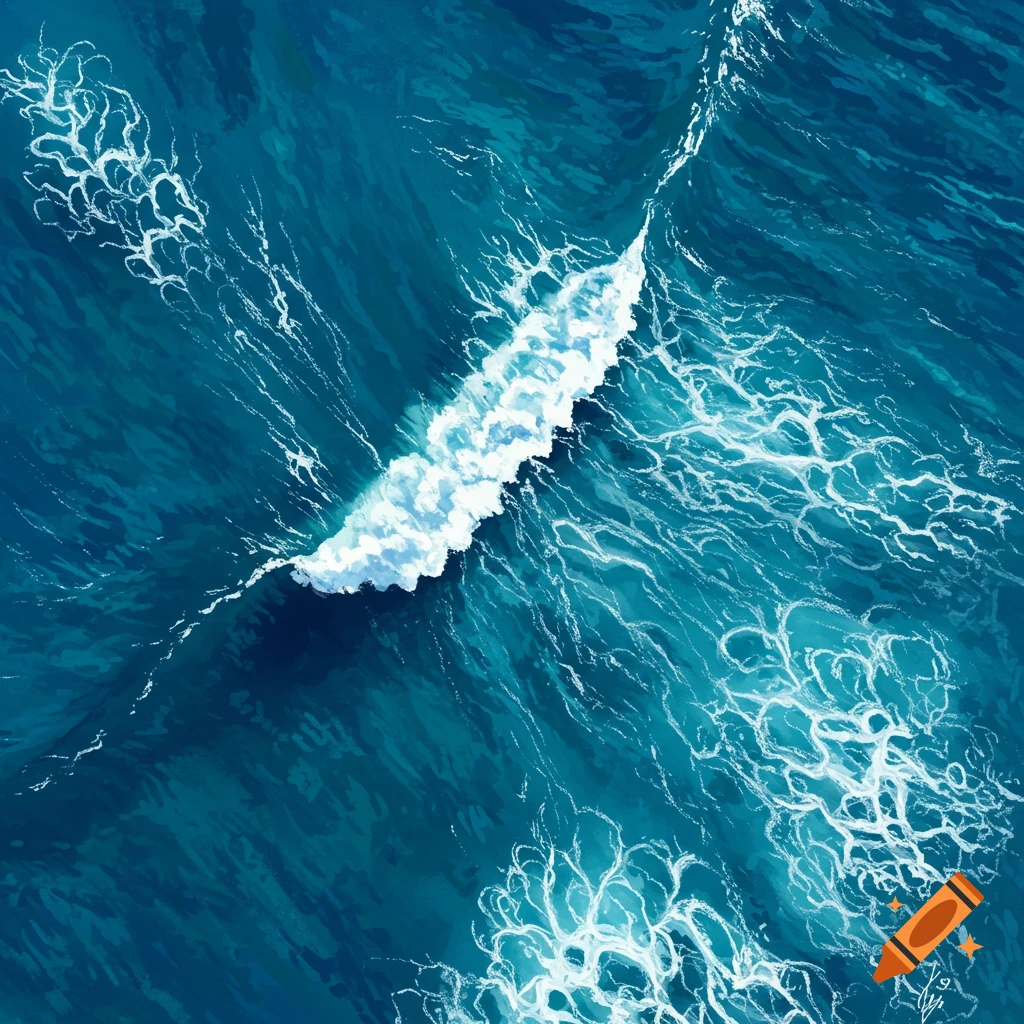 Aerial view of deep blue ocean waves with a large white breaking wave and foamy patterns.