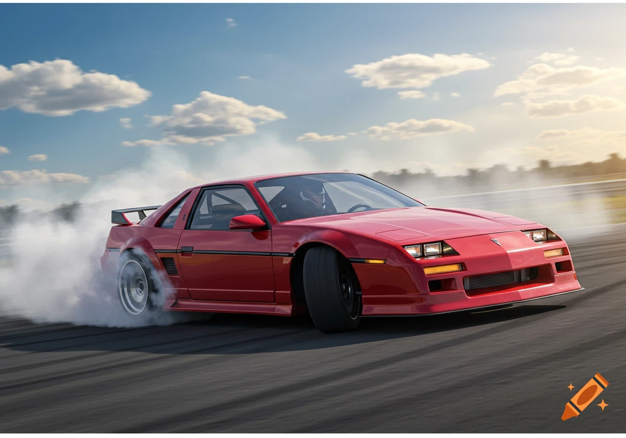 A red 1984 Pontiac Fiero drift car speeds on a track, kicking up smoke from its rear tires under a sunny, cloudy sky.